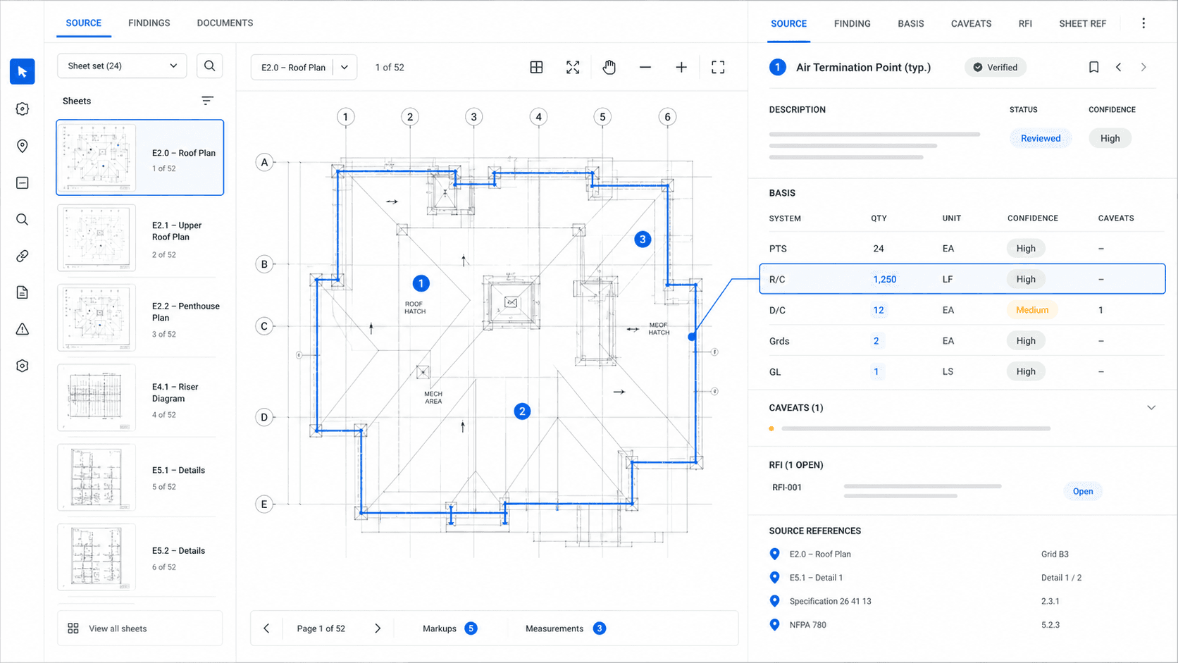 Source references traced from a highlighted plan area to a review note.